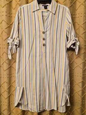 Striped Tunic Shirt Dress in White, Yellow & Gray
